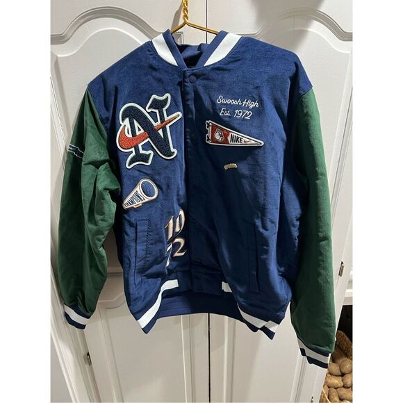 NIKE Varsity Bomber Jacket Large Mens Blue Green White Letterman Patch Snap - Picture 1 of 11